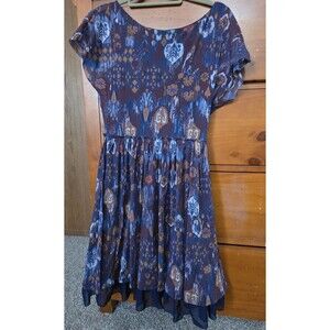 Weston Wear Dress Size Small Short Sleeve Blue Brown Print Ruffle Skater Tulle